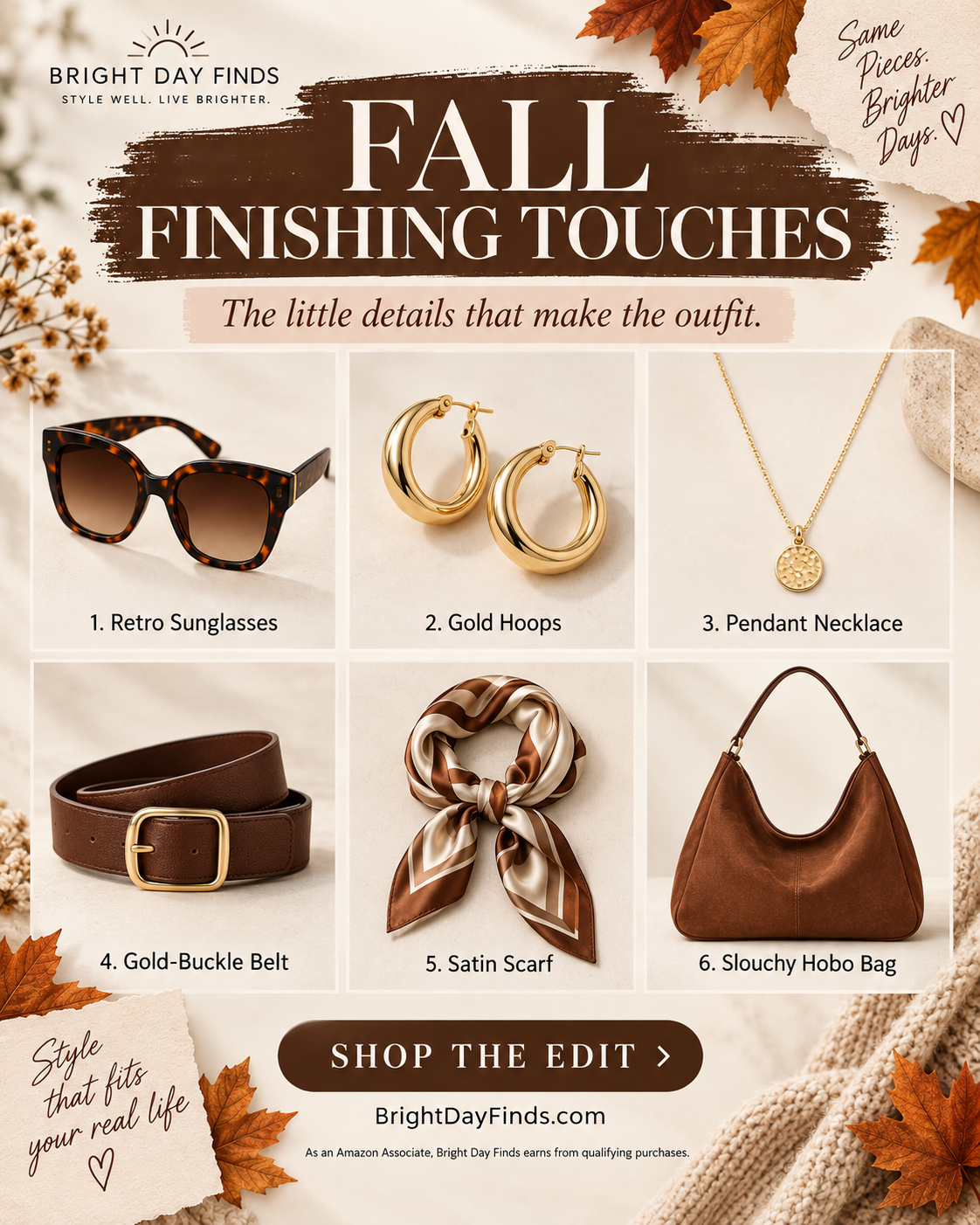 Bright Day Finds Fall Finishing Touches guide featuring six shoppable accessories